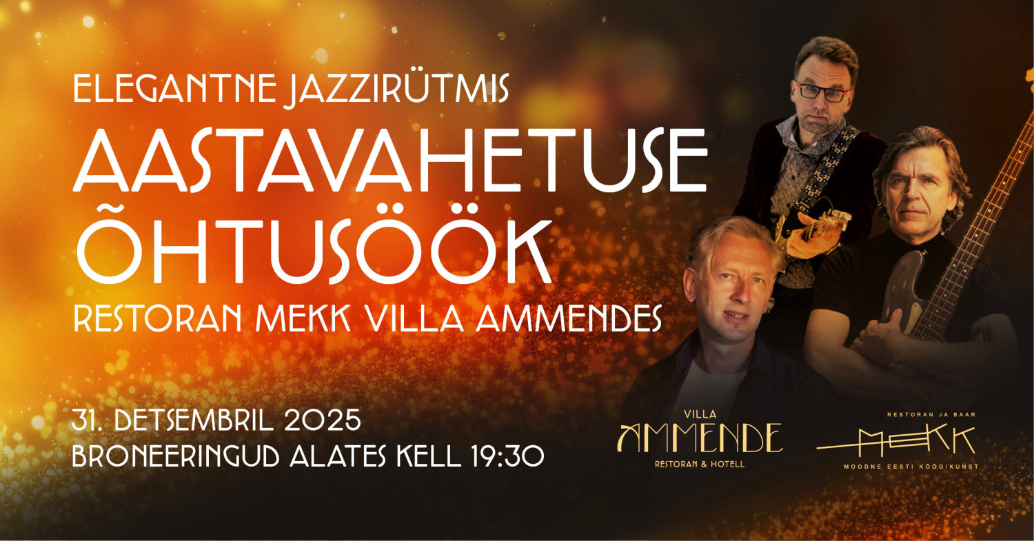 Elegantne jazzirütmis aastavahetuse õhtusöök Villa AmmendesAstu uude aastasse erakordsete maitsete ja lummava jazzmuusika saatel. Villa Ammende pühademiljöö, Mo