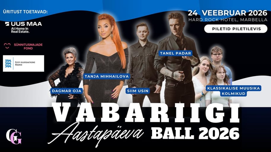 Vabariigi Aastapäeva Ball 2026 Marbellas. Peaesinejad Tanel Padar ja Tanja